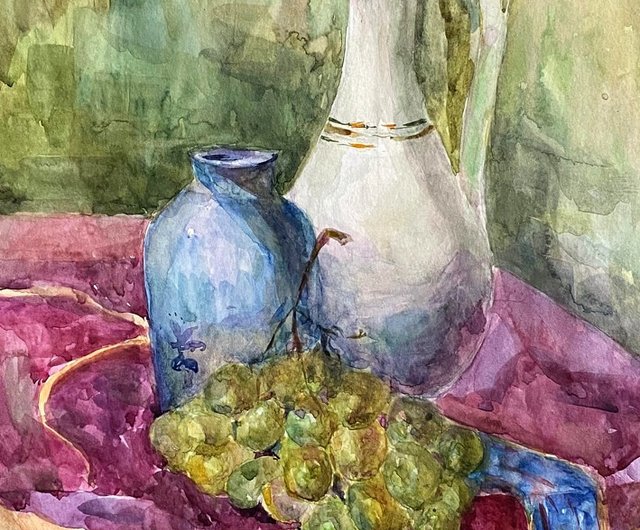 ブドウと水差しのある静物オリジナル絵画水彩画アートワーク