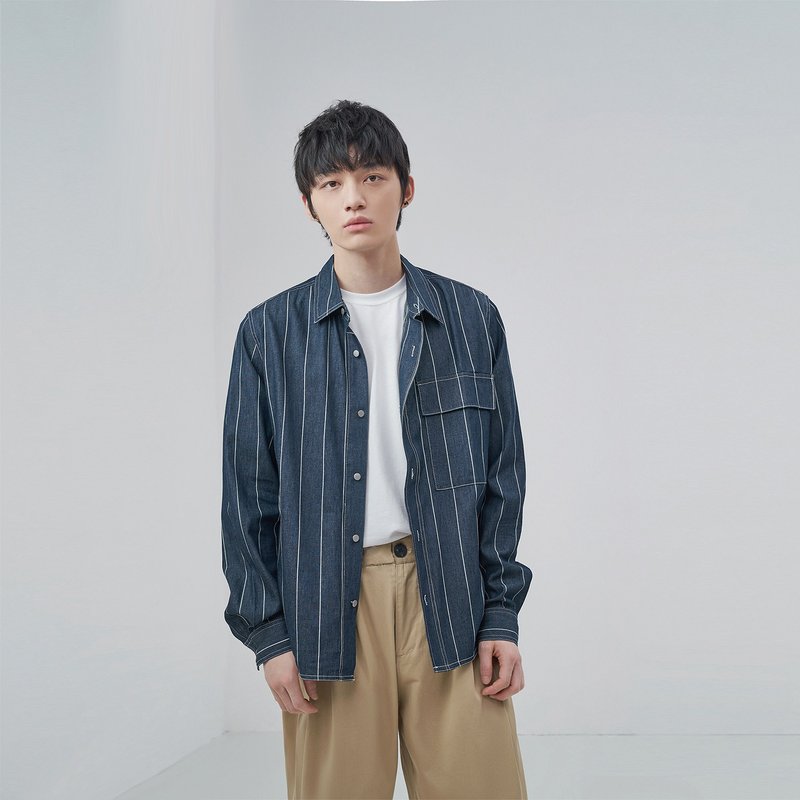 原創設計師款2021秋冬條紋牛仔襯衫外套男日系復古上裝 - 男裝恤衫 - 棉．麻 藍色