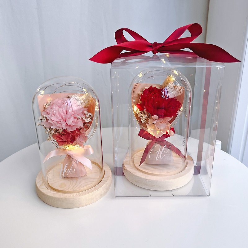 Mother's Day Gift Box/LED Carnation Small Bouquet Preserved Flower Glass Bell Jar - ช่อดอกไม้แห้ง - พืช/ดอกไม้ สีแดง
