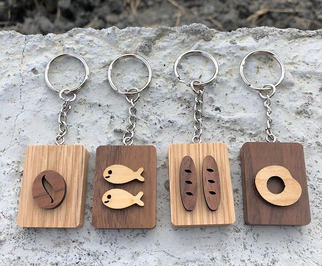Solid wood key ring food festival two coffee beans two fish