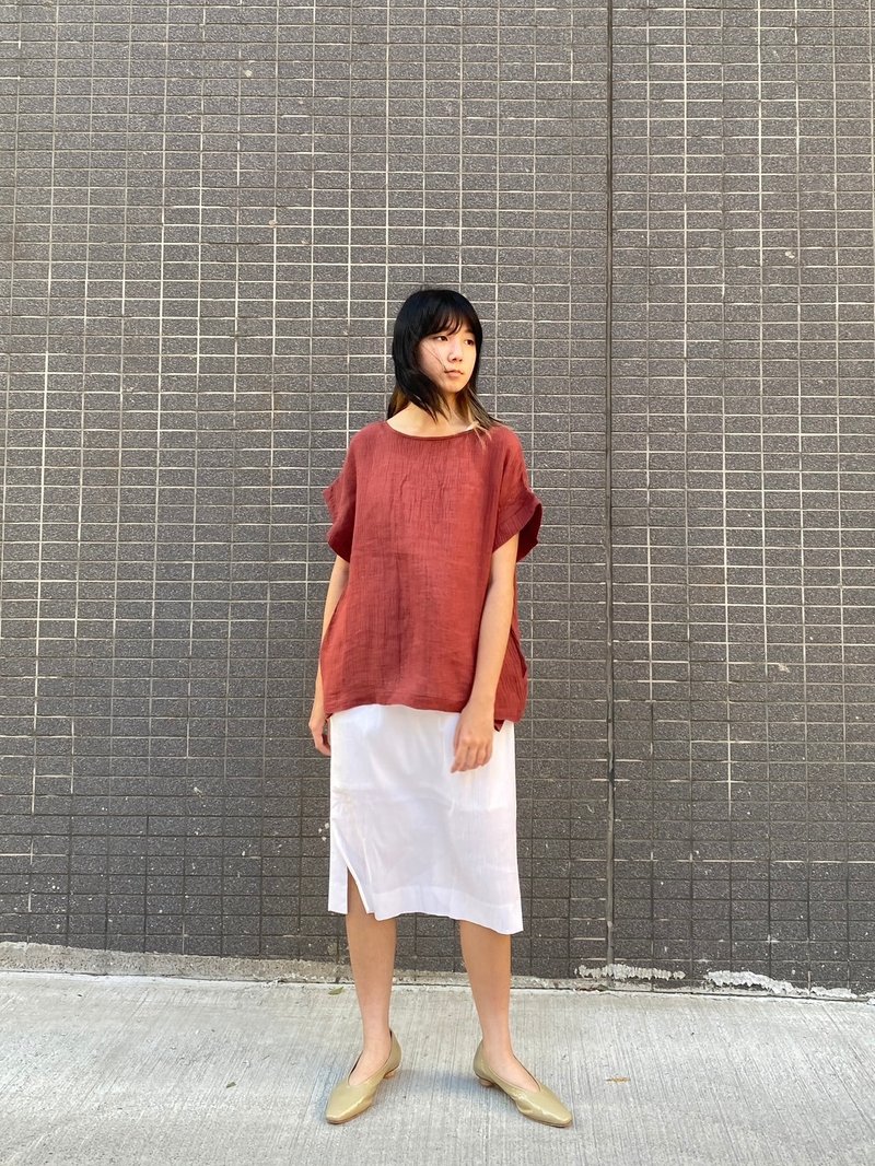 雙口袋寬鬆上衣 - 女上衣/長袖上衣 - 棉．麻 紅色