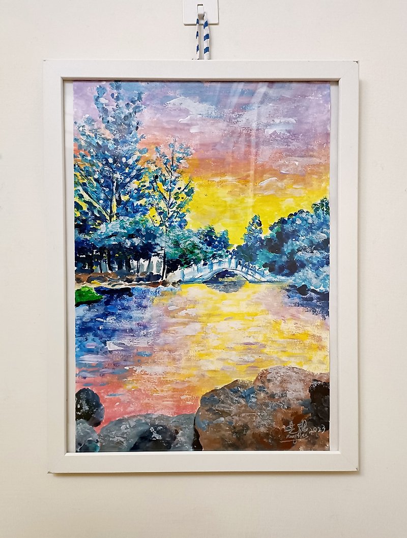小さな橋と流れる水 オリジナルアクリル絵画 | 風景画・室内装飾画 - ポスター・絵 - 紙 多色