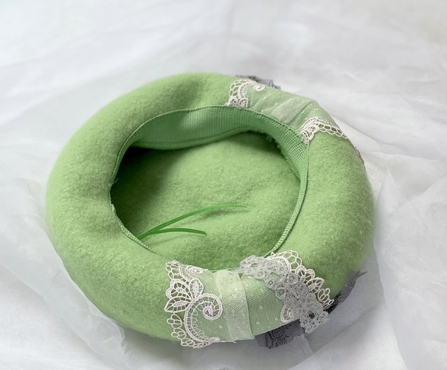 ベレー帽ベレー帽/青リンゴフラワーバスケットウール帽子刺繍