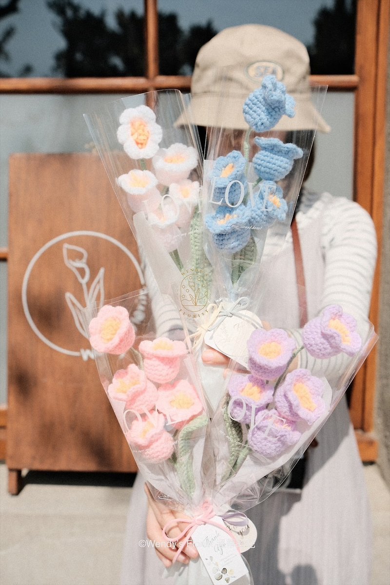 Knitted bouquet of single flowers_lily of the valley_includes white window bag - Dried Flowers & Bouquets - Cotton & Hemp Multicolor
