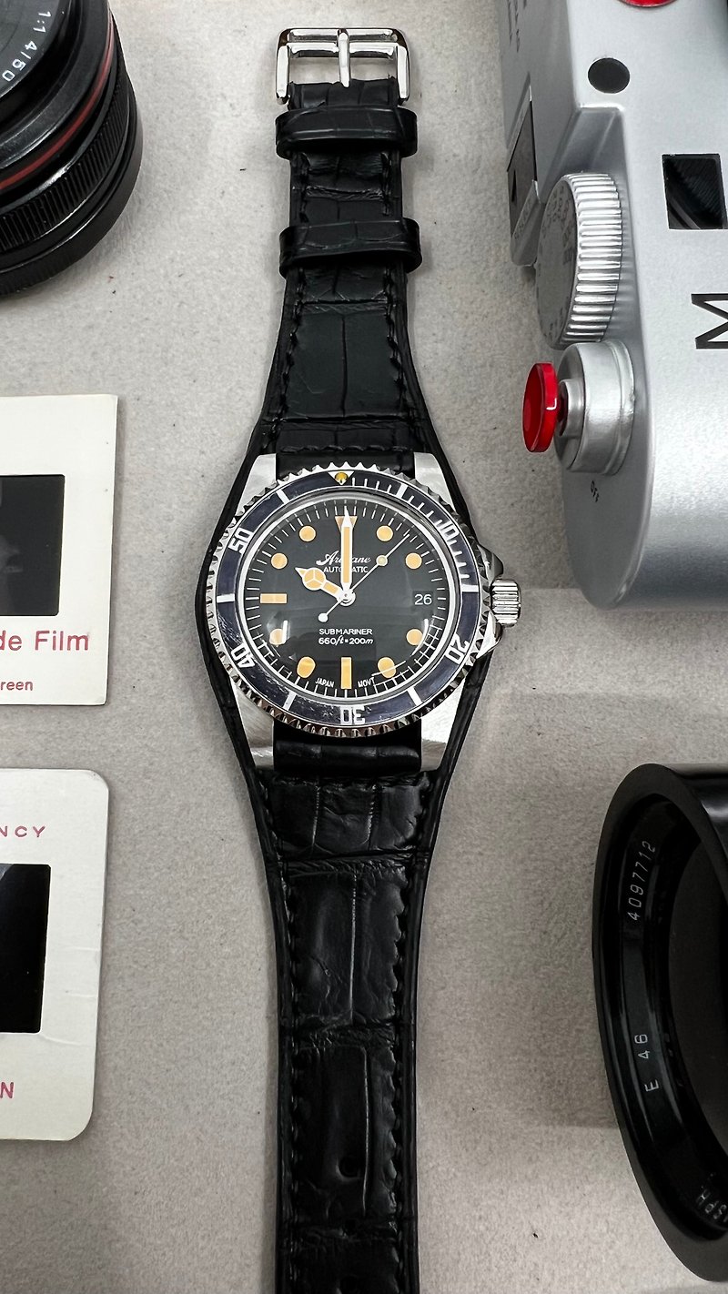復古風手錶連黑鱷魚皮革錶帶或鋼帶, 手工制作錶帶訂製 - 錶帶 - 真皮 黑色