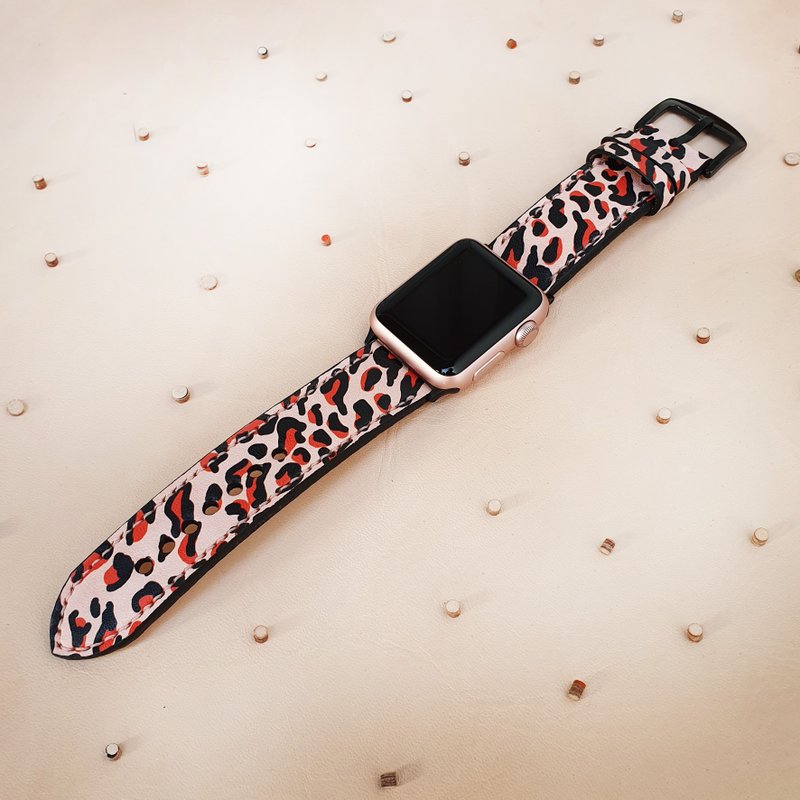 Apple Watch Strap Leopard pattern handmade strap 22mm, 24mm - Watchbands - Genuine Leather Pink