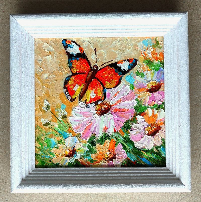 Butterfly on a Flower Original Oil Painting Framed Art Gift Idea 手工油畫, 油畫原作 - 海報/掛畫/掛布 - 其他材質 多色