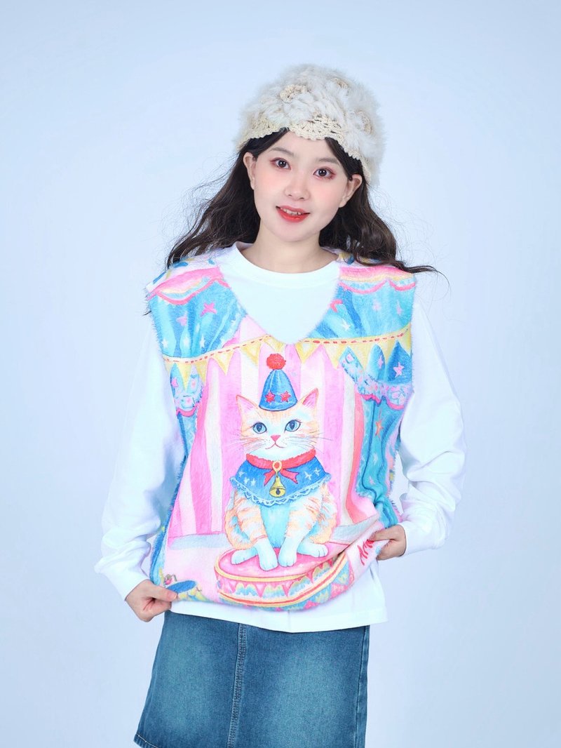 Meow Cat Chong Store Original Circus Cat Sweater Vest - สเวตเตอร์ผู้หญิง - ไฟเบอร์อื่นๆ สีเขียว