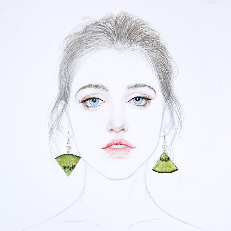 自制奇異果標本耳環/925銀耳環/無痛耳夾 - 耳環/耳夾 - 新鮮食材 綠色
