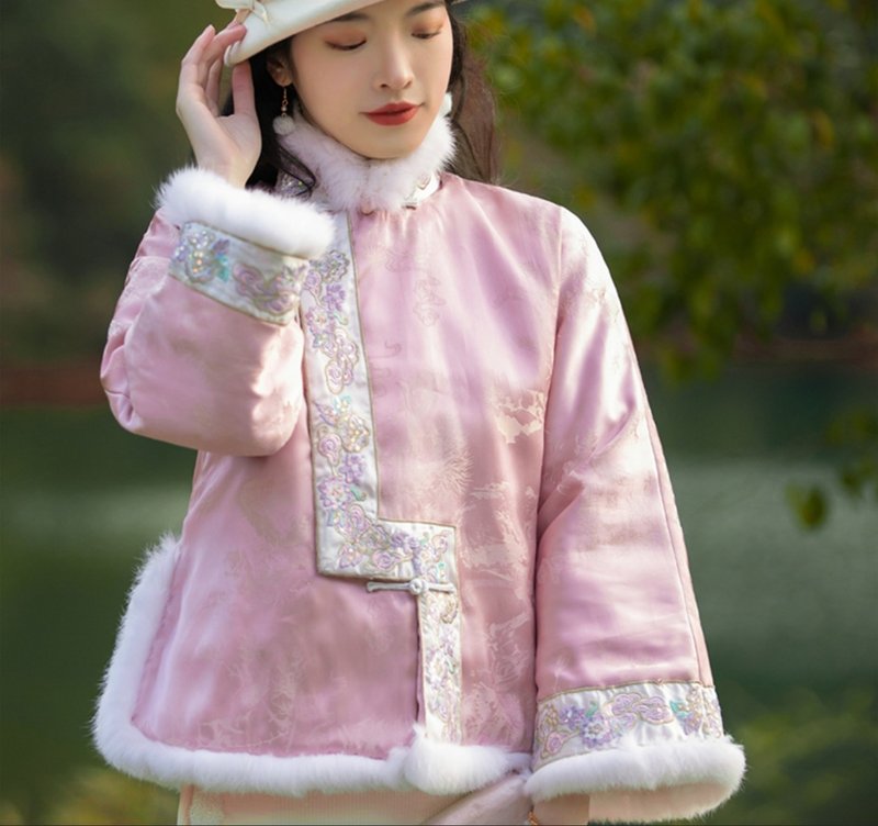 Winter Cherry Snow New Chinese Retro Pipa Lapel Girls Quilted Jacket - Women's Tops - Other Materials Pink