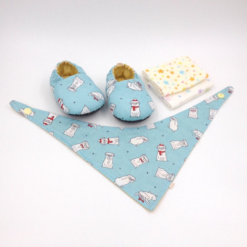 聖誕巴哥犬-彌月寶寶禮盒(學步鞋/寶寶鞋/嬰兒鞋+2手帕+領巾) - 彌月禮盒 - 棉．麻 藍色