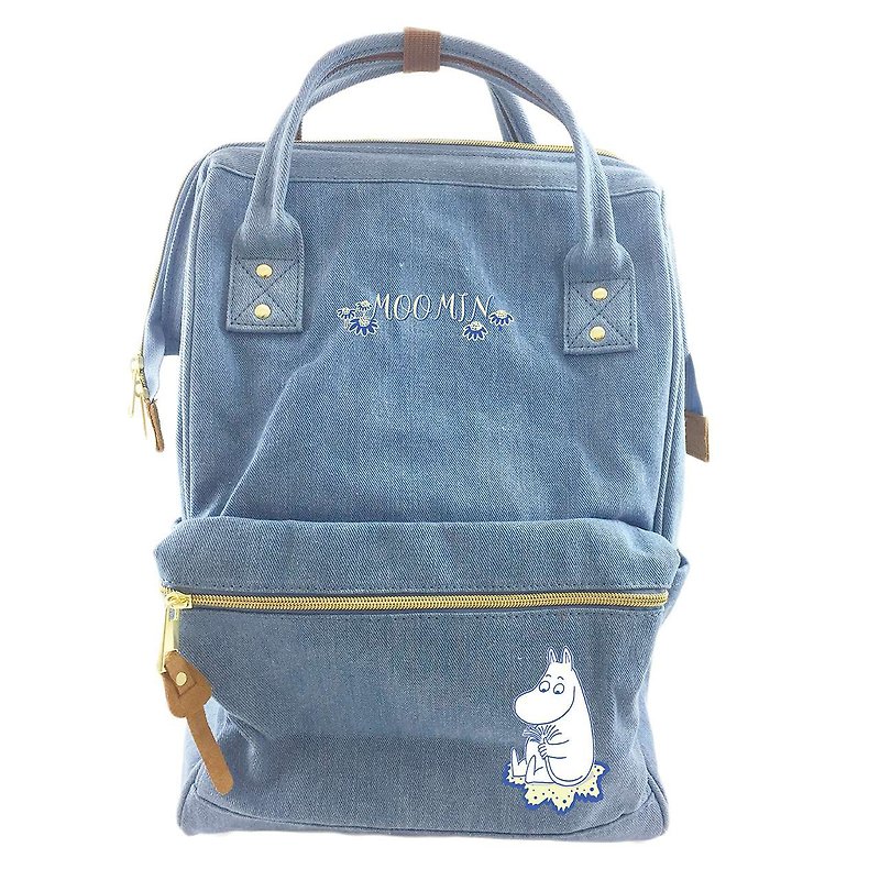 Limited offer combination-denim wide-mouth backpack/laptop bag/school bag + MOOMIN illustration A5 notebook - Backpacks - Cotton & Hemp Blue