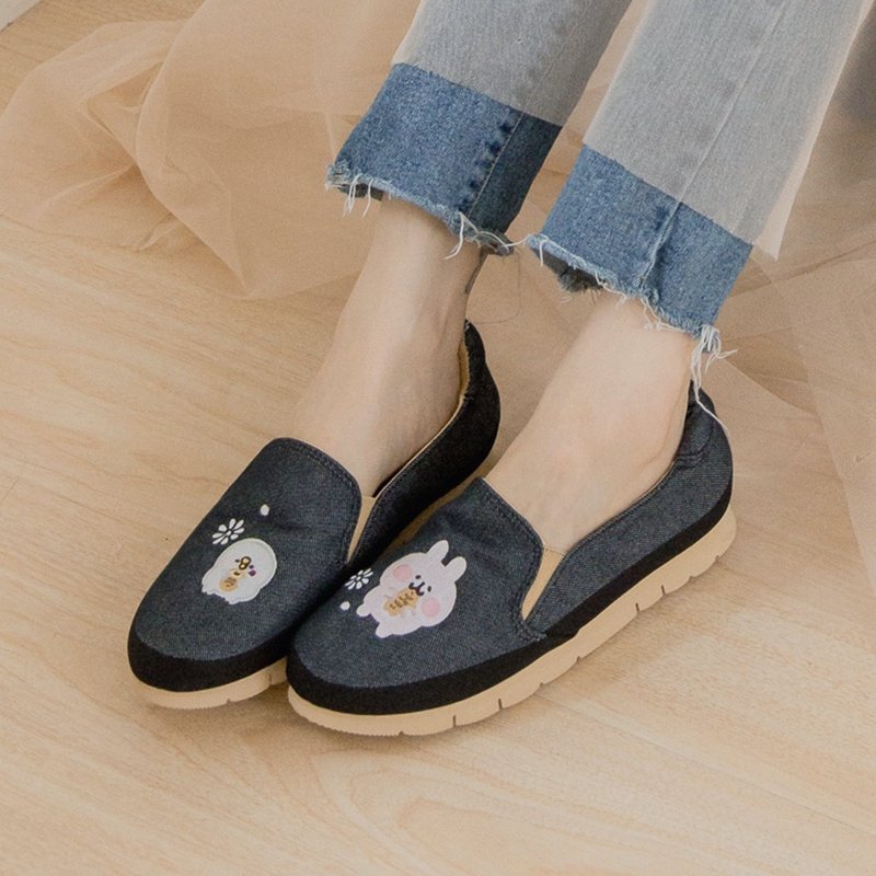 Paidal x Kanahei's Small Animals Taiyaki Flat Casual Loafers Slip-On Shoes - Denim Black - รองเท้าลำลองผู้หญิง - ผ้าฝ้าย/ผ้าลินิน สีดำ
