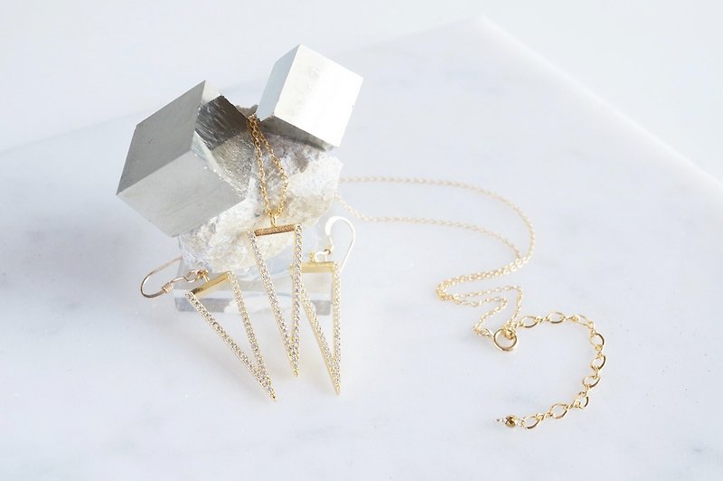 << Limited sales >> >> 【14KGF】 Necklace & Earrings Set-Long CZ Triangle- - Necklaces - Other Metals Gold