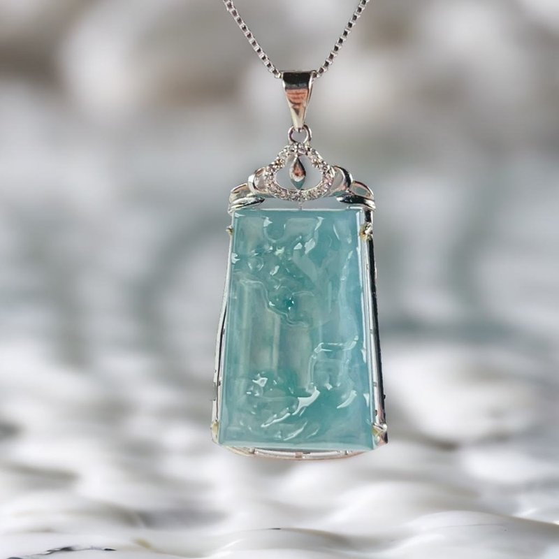 Ice Blue Water Jade Landscape Brand Necklace 925 Sterling Silver | Natural Jade A Grade | Gift - สร้อยคอ - หยก สีน้ำเงิน