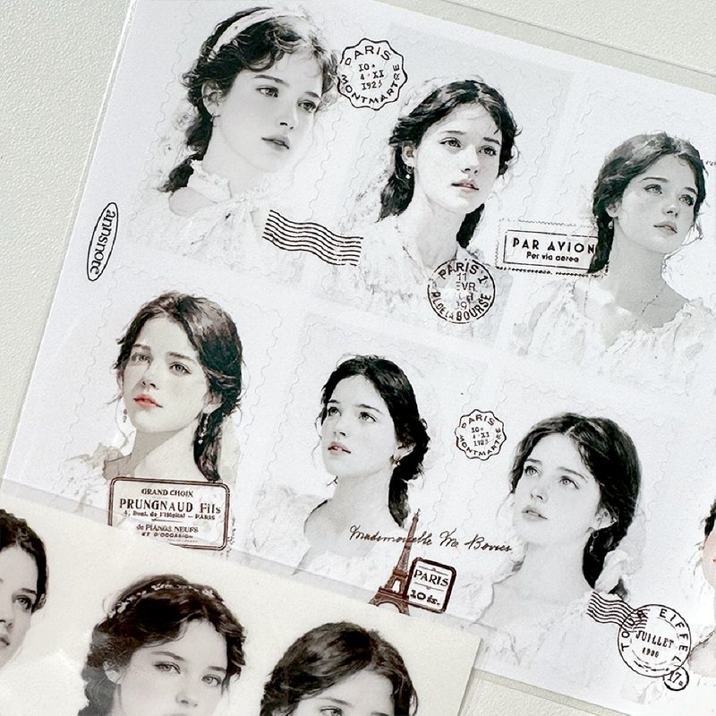 retro black-and-white girl stamp PET seal sticker (anns note) vintage - 貼紙 - 紙 灰色