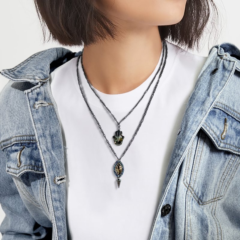 ファティマの手と神秘的な目のネックレス - グローブラック - ネックレス - クリスタル 