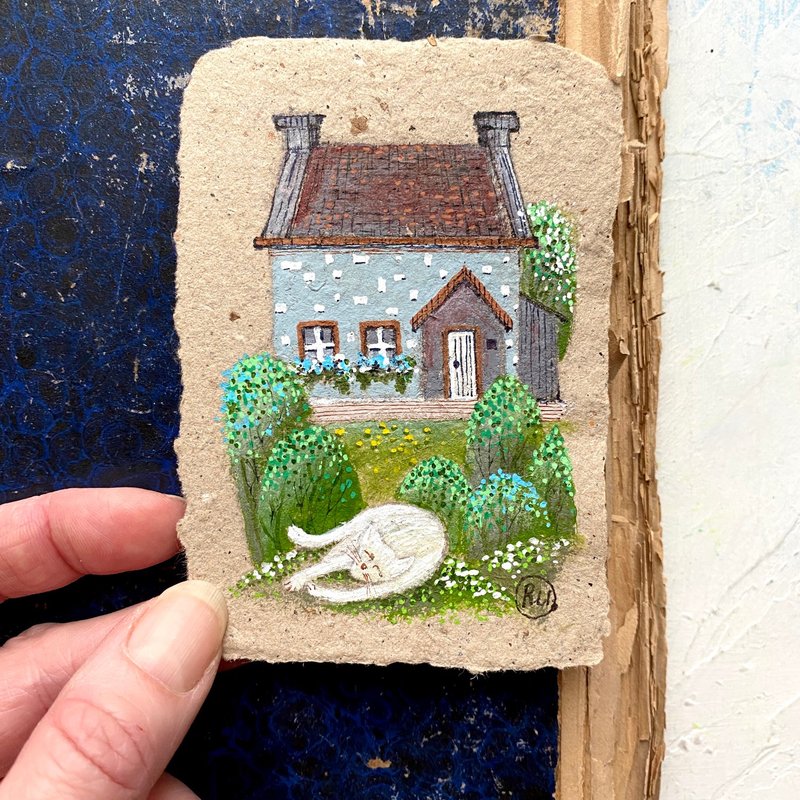 White cat painting Mini Original art Small artwork on handmade paper by Rubinova - 海報/掛畫/掛布 - 紙 多色