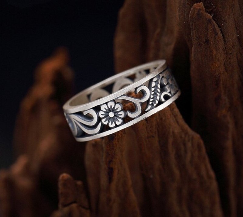 Real 990 Fine Silver Handmade Jewelry Engraved Vintage Hollow Women Open Finger - 戒指 - 銀 銀色