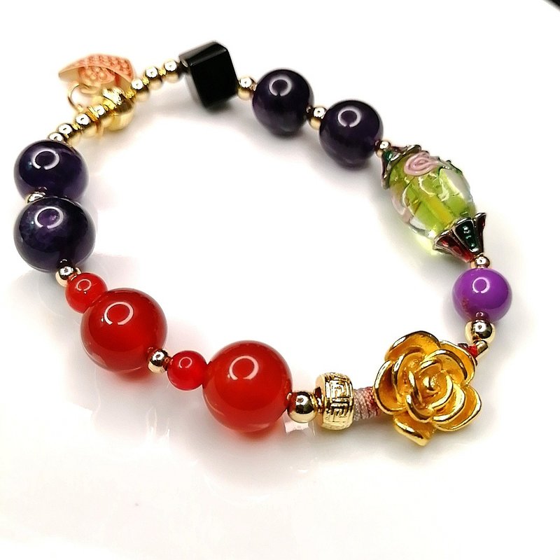 Gold and silver treasure Jinyincaibao original deep amethyst/red agate/glass bracelet - Bracelets - Crystal 