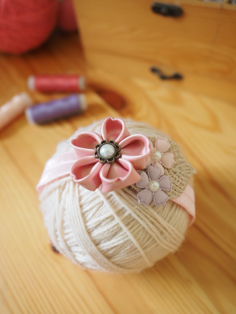 ピンクリボンの桜とエレガントな花の赤ちゃん/子供用弾性ヘアバンドは、100日間の宴会に適しています - 帽子・ヘアバンド - コットン・麻 ピンク