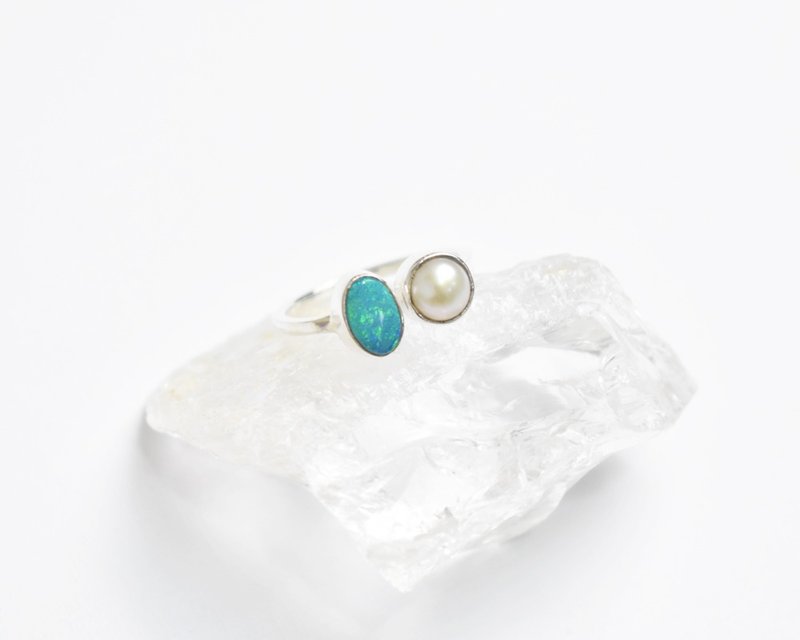 Opal & Freshwater Pearl Silver Fork Ring – 925 Sterling Silver - 戒指 - 寶石 藍色