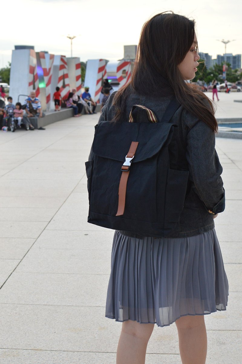 防潑水筆電後背包 日本蠟染帆布大容量旅行背包 黑色 -108號 - 背囊/背包 - 其他材質 黑色