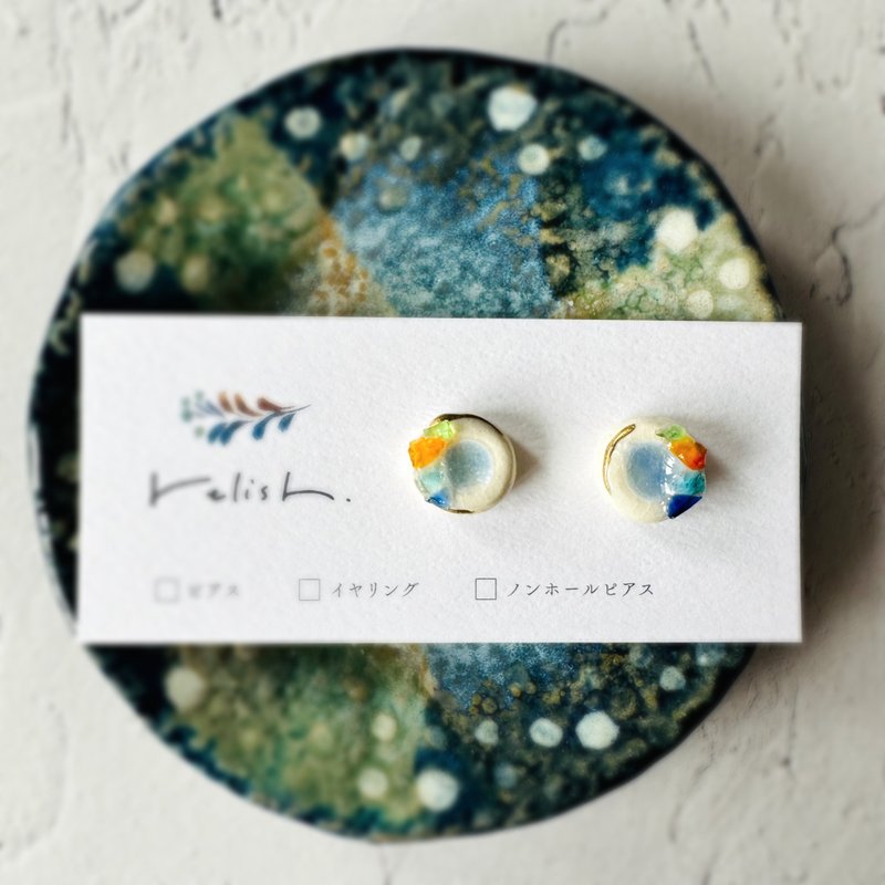 [Resale] Clear Sea Ceramic Glass Ryukyu Glass Kintsugi Line Pierced Earrings Non-pierced Clip-On Colorful Unique Unique Blue Green Yellow - ต่างหู - ดินเผา สีน้ำเงิน