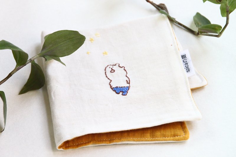muu-chan embroidery handkerchief STAR - ผ้าขนหนู - ผ้าฝ้าย/ผ้าลินิน สีส้ม