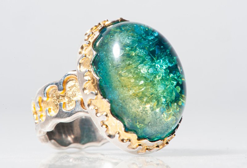 Handmade turquoise amber ring, Designer ring with turquoise stone - แหวนทั่วไป - เครื่องประดับพลอย สีน้ำเงิน