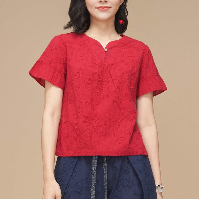 古典美 刺繡車花上衣【53012】 - 女上衣/長袖上衣 - 棉．麻 紅色