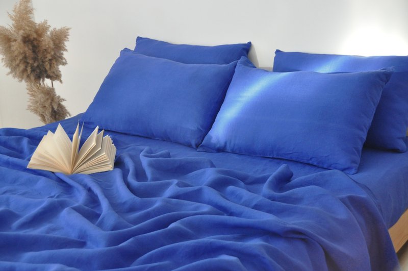 Royal blue linen sheet set / Flat+fitted sheet+2 pillowcases / Blue bedding - 寢具/床包 - 亞麻 藍色