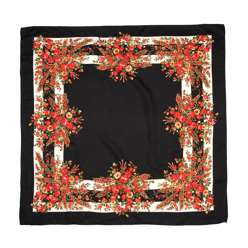 [卵]ヴィンテージ花火ヴィンテージスカーフを印刷花植物による - スカーフ - シルク・絹 ブラック