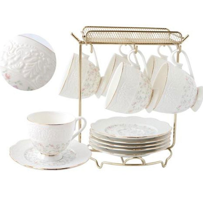 JUST HOME Flower Diary New Bone China Six Cup Plate Set (With Gold Stand) - Teapots & Teacups - Other Materials White