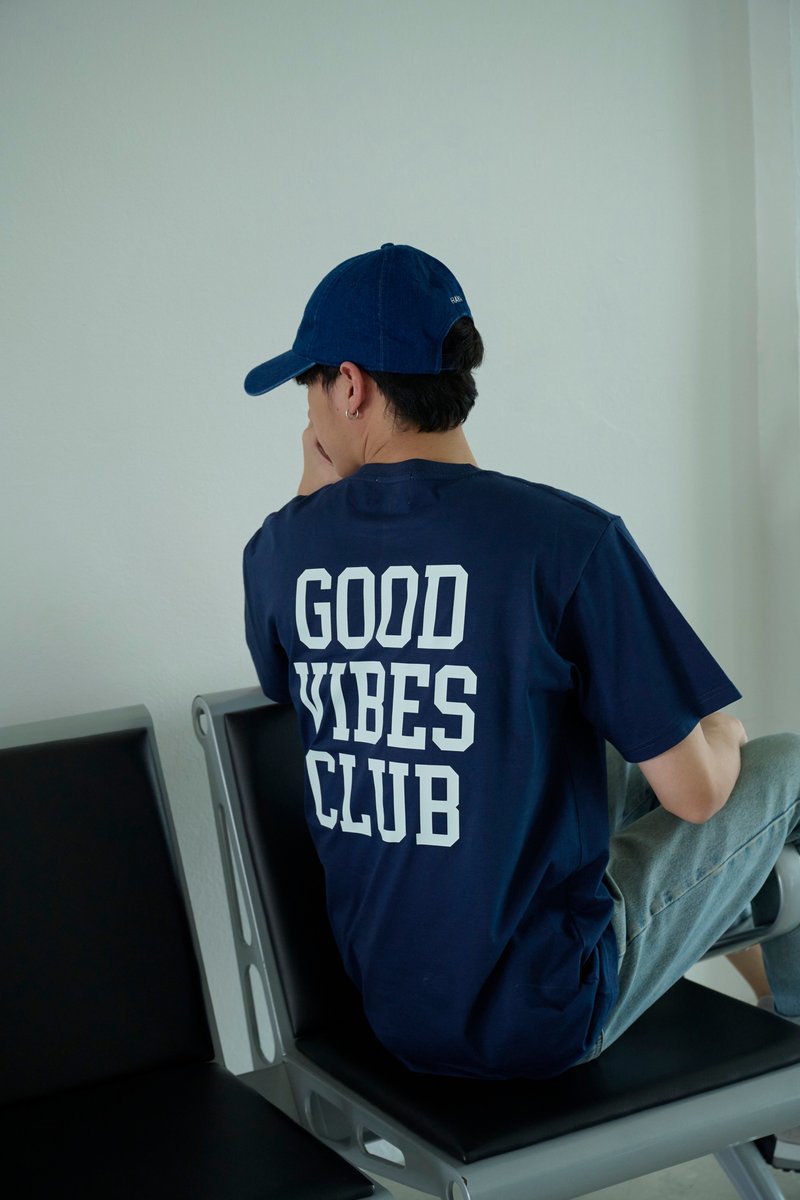 T 恤 HAY - Good Vibes T-Shirt - Navy Blue / White (unisex) - 女 T 恤 - 棉．麻 