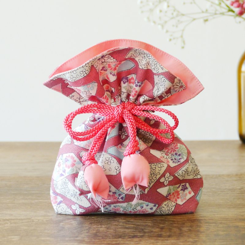 幸せ巾着　FUGURO　菊文 - 化妝包/收納袋 - 棉．麻 粉紅色