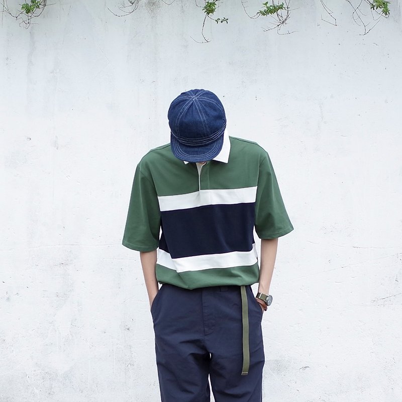 Ins stitching contrast cotton counter-neck short-sleeved Polo shirt Japanese style short-sleeved polo tee shirt - เสื้อยืดผู้ชาย - ผ้าฝ้าย/ผ้าลินิน สีเขียว