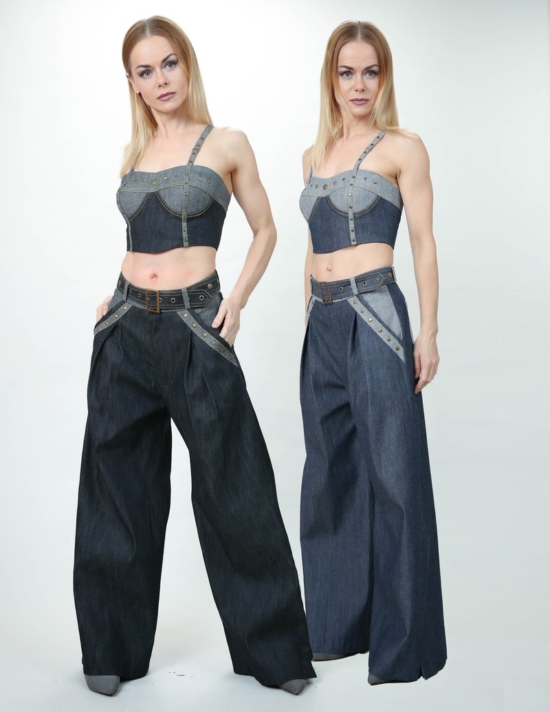 Denim Low-Waisted Wide-Leg Pants and Crop Corset (back lacing) - กางเกงขายาว - วัสดุอื่นๆ หลากหลายสี