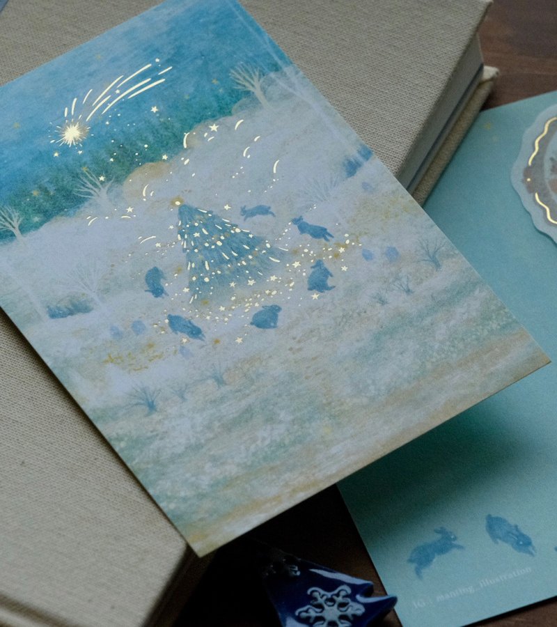 燙金聖誕卡 - 兔子與聖誕夜的流星 - 卡片/明信片 - 紙 