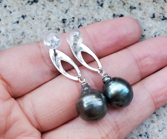 Massive Dark Green Tahitian, Genuine online South Sea Peacock Baroque Pearl, Lacing Huggies Latch Back Dangle Sterling Silver Earrings, Unique gift