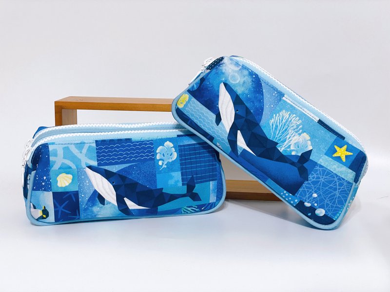 Whale double-layer zipper pencil case, cosmetic bag, storage bag - กล่องดินสอ/ถุงดินสอ - ผ้าฝ้าย/ผ้าลินิน สีน้ำเงิน