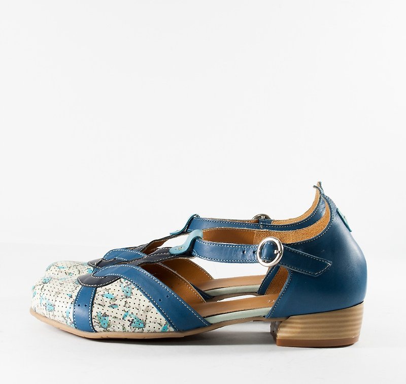 ITA BOTTEGA [Made in Italy] Floral Low Heel T-Type Doll Shoes - Mary Jane Shoes & Ballet Shoes - Genuine Leather Blue