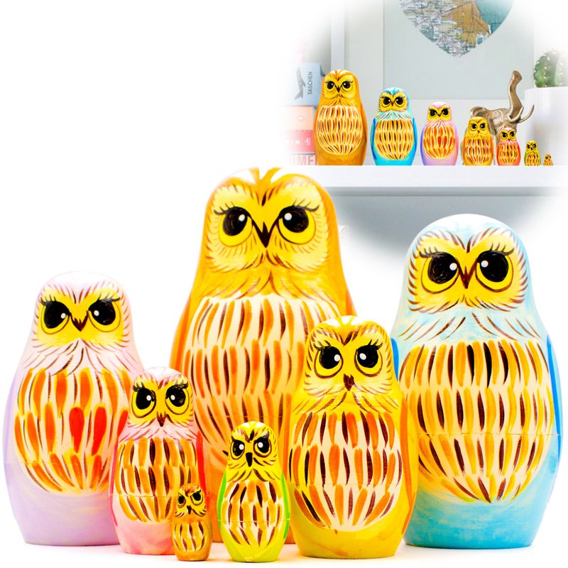 Owl Nesting Dolls Set of 7 pcs - Owl Decor - Owl Figurines - Wooden Owl Toy - 寶寶/兒童玩具/玩偶 - 木頭 多色