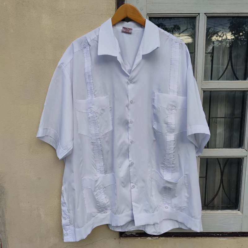 Vintage  PADRINO White  Guayabera Shirt - 男襯衫/休閒襯衫 - 棉．麻 白色