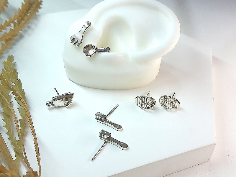 Addiction series toothpaste, toothbrush, spoon, fork, flip-flops, earrings/ear acupuncture - Earrings & Clip-ons - Sterling Silver 