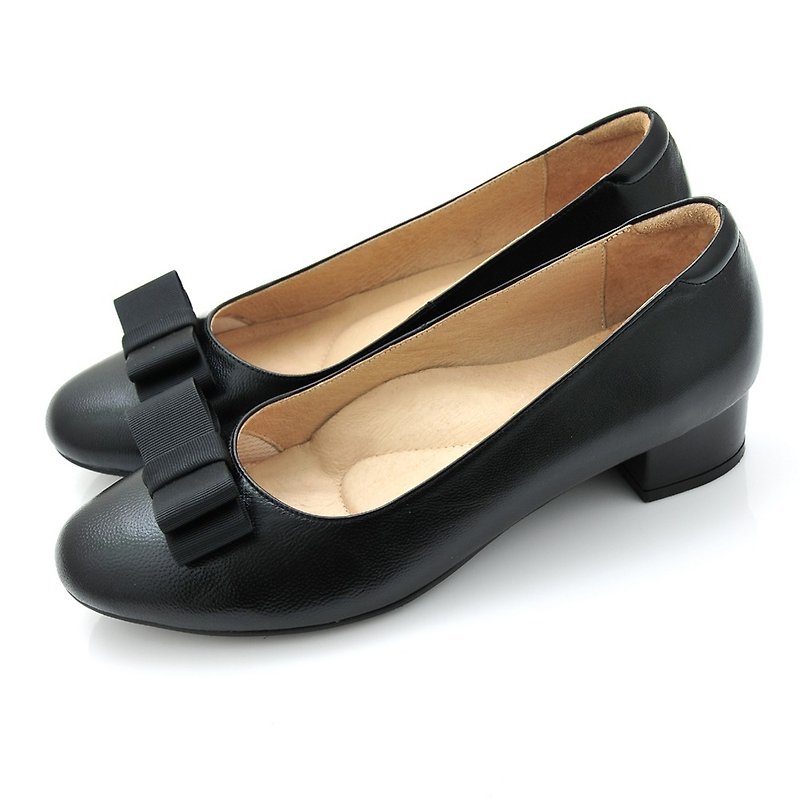 MIT Full Leather Ribbon Bow Low Heel Bag Shoes-Black - รองเท้าส้นสูง - หนังแท้ 