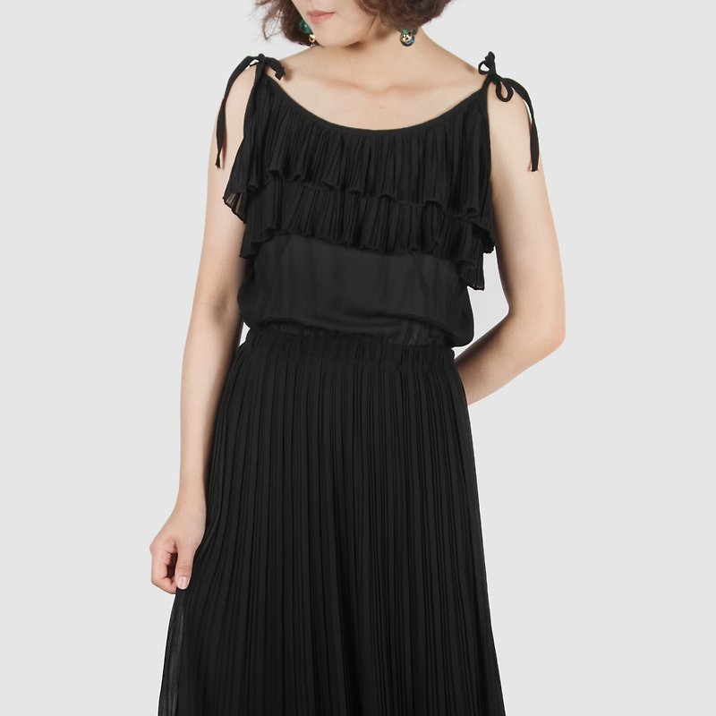 [Egg plant ancient] midnight banquet solid color vintage thin shoulder strap dress - One Piece Dresses - Polyester Black