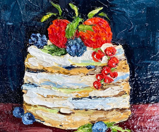 フルーツケーキ オリジナル油絵 小さなアートワーク 壁装飾 静物画
