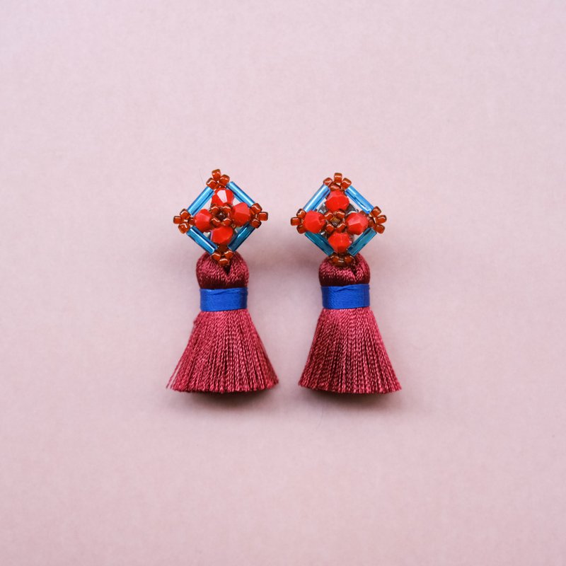 Red and Blue Old Taiwan Tile Tassel Earrings, Earrings Clip - ต่างหู - แก้ว สีแดง