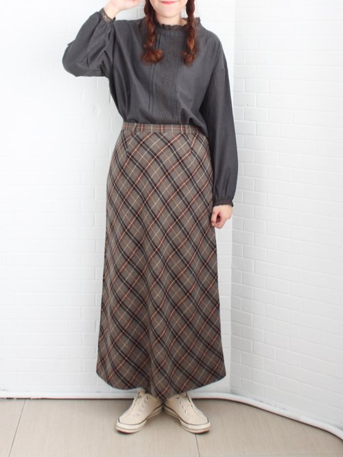 Retro early spring Japanese college style pattern gray loose wool vintage narrow skirt long skirt